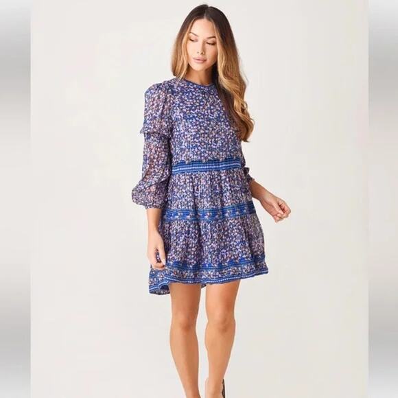 Saylor Talley Dress Floral Metallic Threads Tiered Skirt Size XS